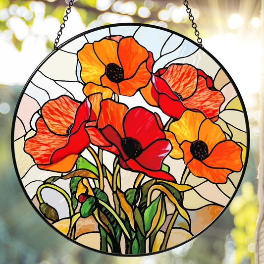 6 Inch California Poppy Forest Stained Glass Sun Catcher Handmade Window Hanging, Red Poppy Kitchen Decor Flower Lover Gifts for Women Home Garden Housewarming Ornament
