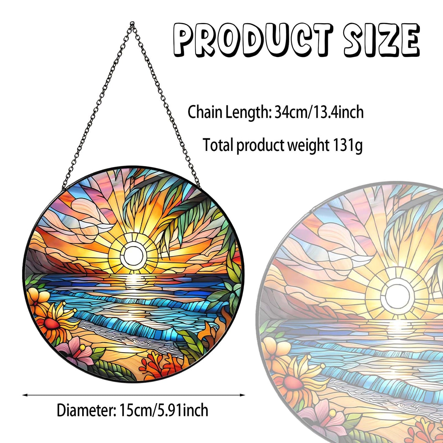 6 Inch Beach Sunset Stained Glass Sun Catcher Handmade Window Hanging, Beach Lover Kitchen Landscape Decor Gifts for Women Home Garden Housewarming Ornament