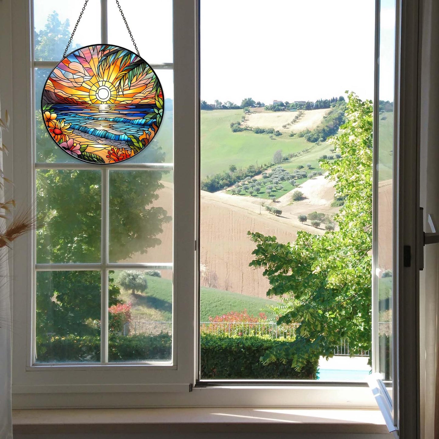 6 Inch Beach Sunset Stained Glass Sun Catcher Handmade Window Hanging, Beach Lover Kitchen Landscape Decor Gifts for Women Home Garden Housewarming Ornament