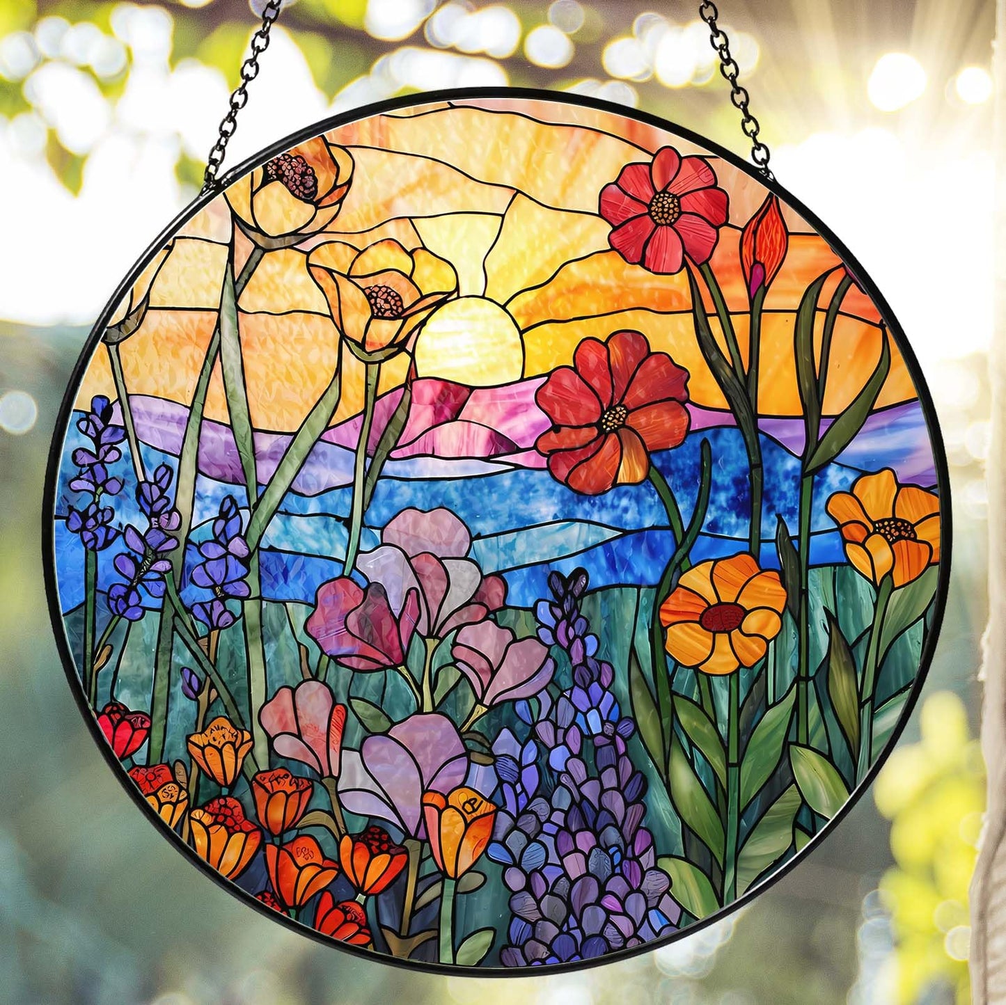 9.8 Inch Wildflowers Stained Glass Sun Catcher Handmade Window Hanging Wall Decor, Plant Lover Gifts for Women Home Garden Christmas Birthday Ornament
