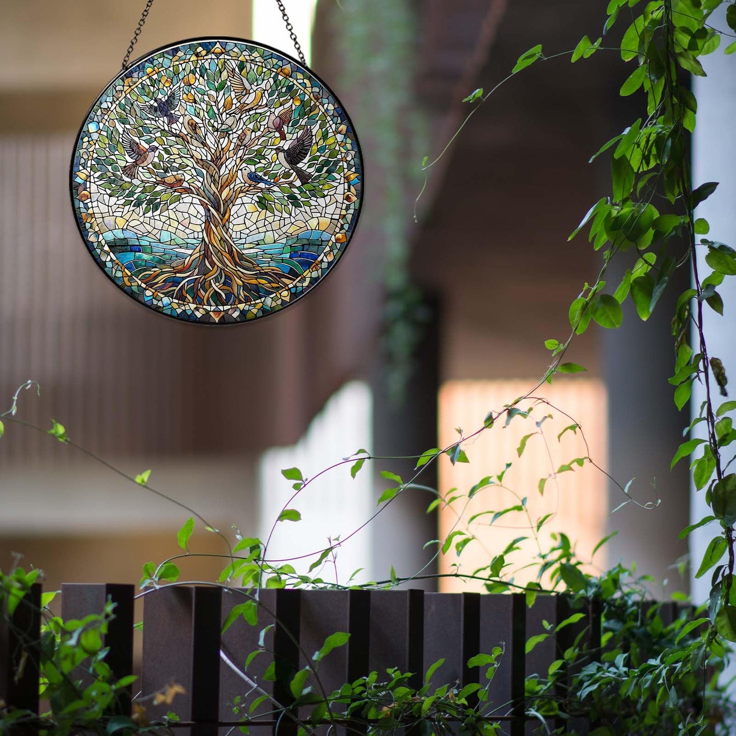 Tree of Life with Birds Stained Glass Sun Catcher Handmade Window Hanging Wall Decor, Bird Lover Gifts for Women Home Garden Housewarming Ornament