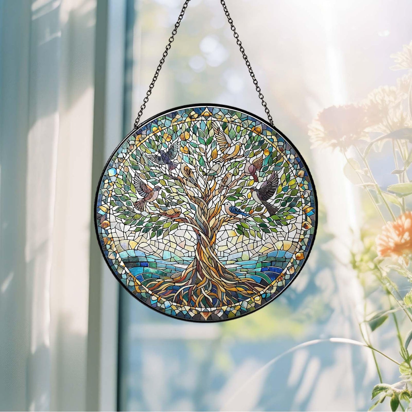 Tree of Life with Birds Stained Glass Sun Catcher Handmade Window Hanging Wall Decor, Bird Lover Gifts for Women Home Garden Housewarming Ornament