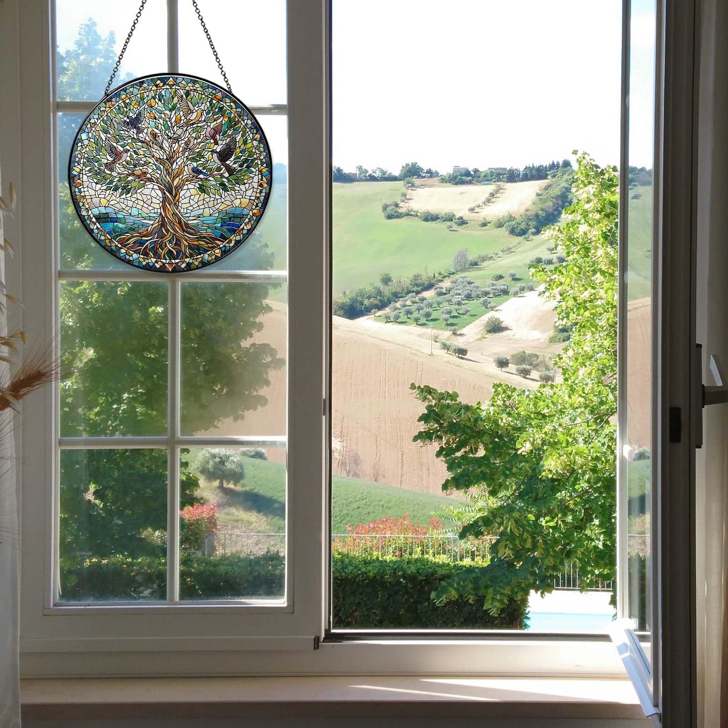 Tree of Life with Birds Stained Glass Sun Catcher Handmade Window Hanging Wall Decor, Bird Lover Gifts for Women Home Garden Housewarming Ornament