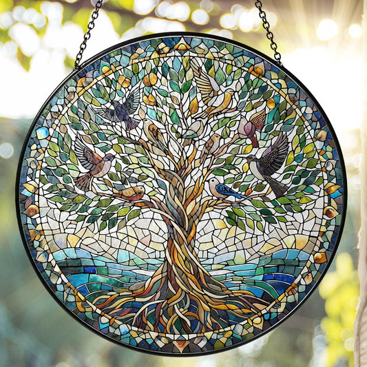 Tree of Life with Birds Stained Glass Sun Catcher Handmade Window Hanging Wall Decor, Bird Lover Gifts for Women Home Garden Housewarming Ornament
