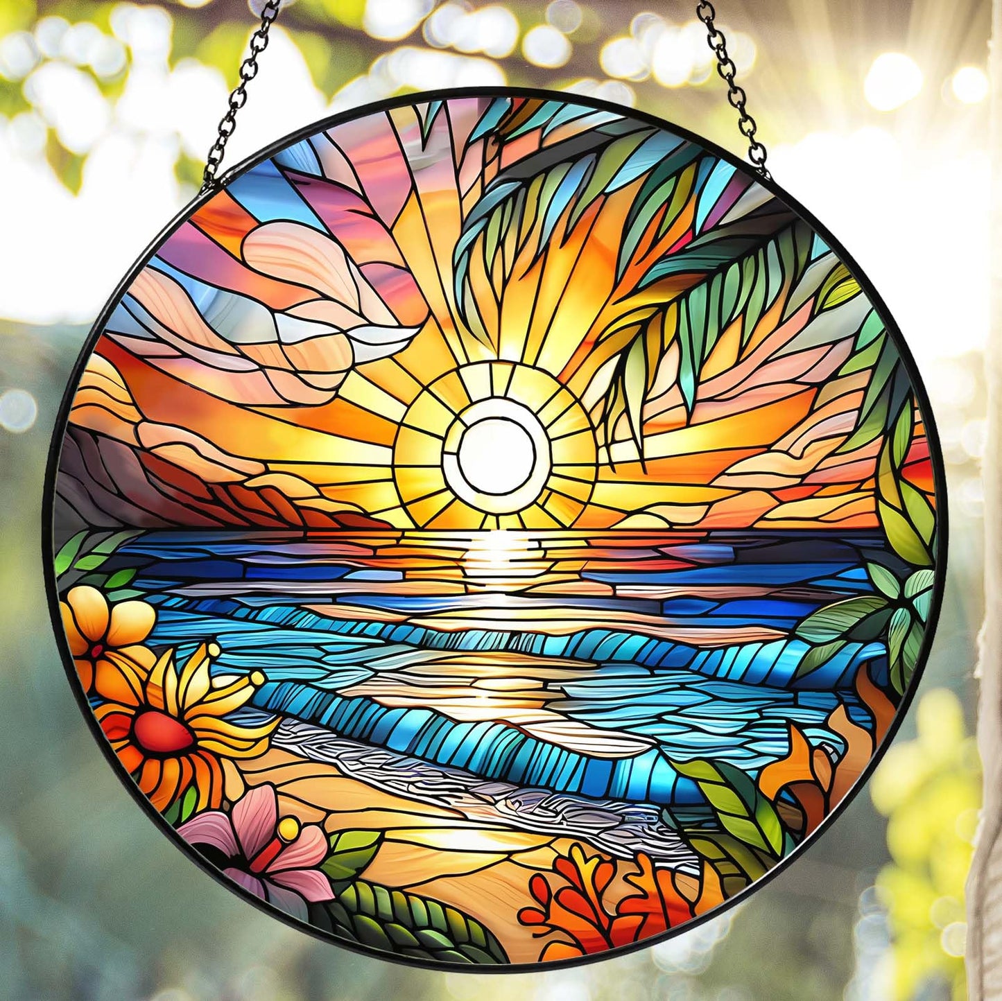 6 Inch Beach Sunset Stained Glass Sun Catcher Handmade Window Hanging, Beach Lover Kitchen Landscape Decor Gifts for Women Home Garden Housewarming Ornament