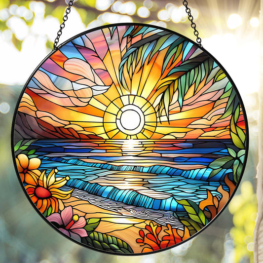 6 Inch Beach Sunset Stained Glass Sun Catcher Handmade Window Hanging, Beach Lover Kitchen Landscape Decor Gifts for Women Home Garden Housewarming Ornament