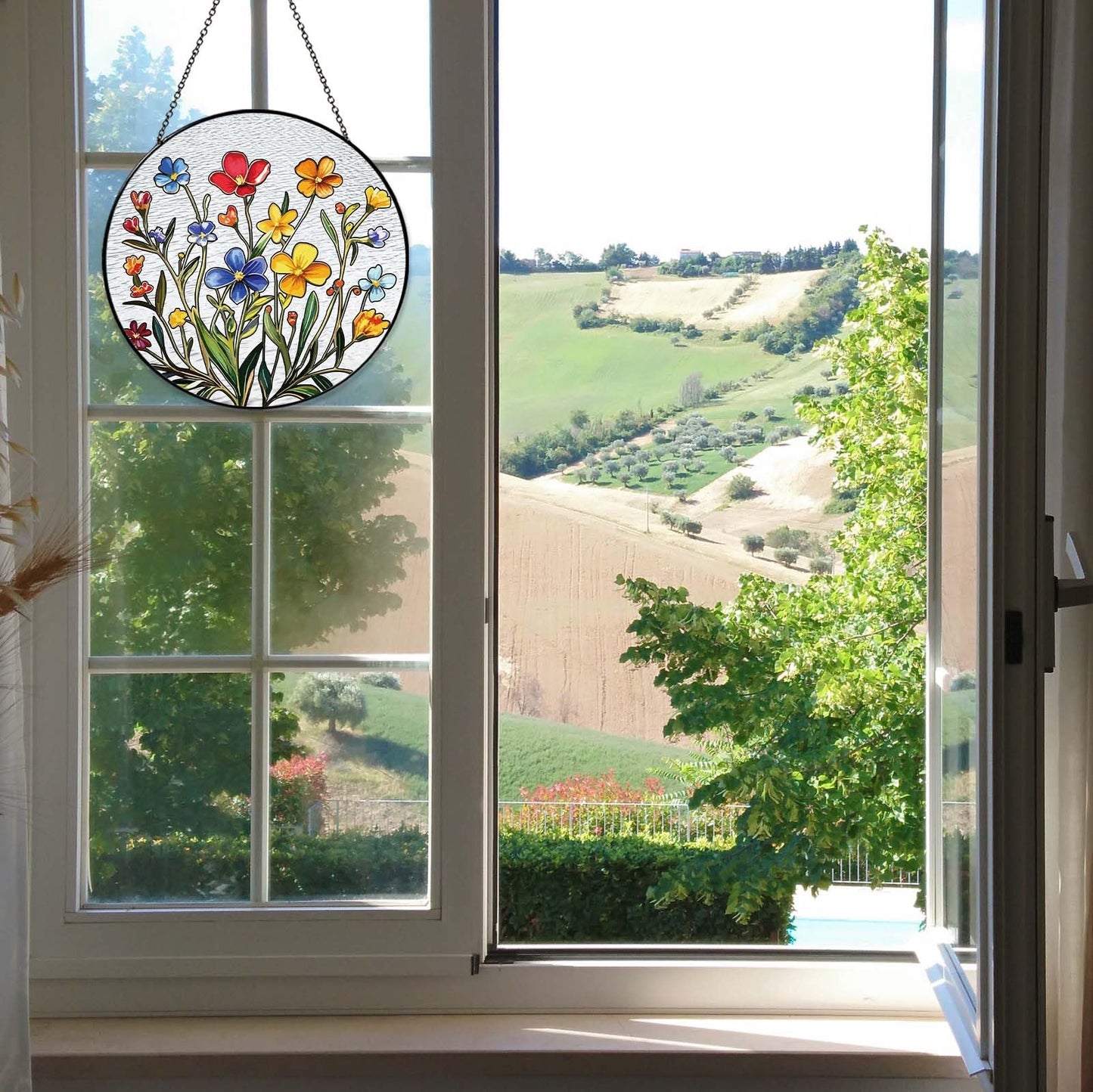 Handmade Botanical Flowers Stained Glass Sun Catcher Window Hanging, Floral Wall Decor Gifts for Women Home Garden Housewarming Ornament