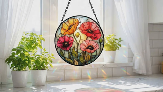 6 Inch California Poppy Forest Stained Glass Sun Catcher Handmade Window Hanging, Red Poppy Kitchen Decor Flower Lover Gifts for Women Home Garden Housewarming Ornament