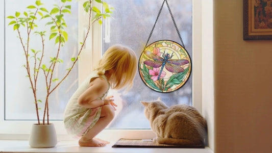 9.8 Inch Dragonfly Stained Glass Sun Catcher Handmade Window Hanging Wall Decor, Dragonfly Gifts for Women Garden Home Housewarming Ornament